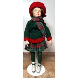 Vintage Porcelain Doll 10" In Festive Plaid Skirt & Ice Skates